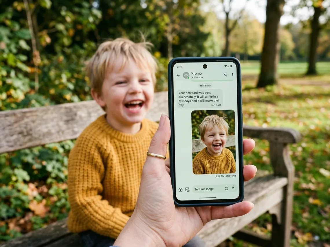 A parent holds up a phone showing a WhatsApp thread where the photo of their laughing child has already been sent.